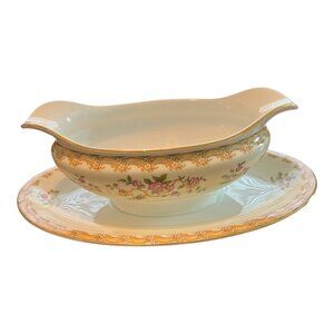 Vtg Noritake Floral Porcelain Gravy Boat & Underplate Serving Dish 7.5 in X 4 in